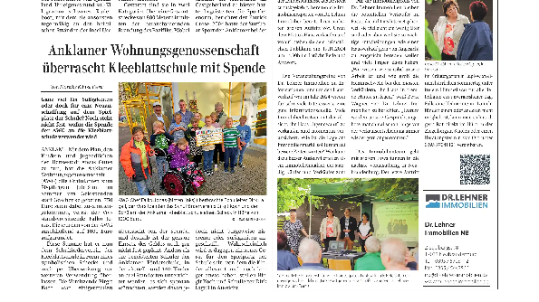 Zeitungsartikel Nordkurier Spendenübergabe an die Kleeblattschule